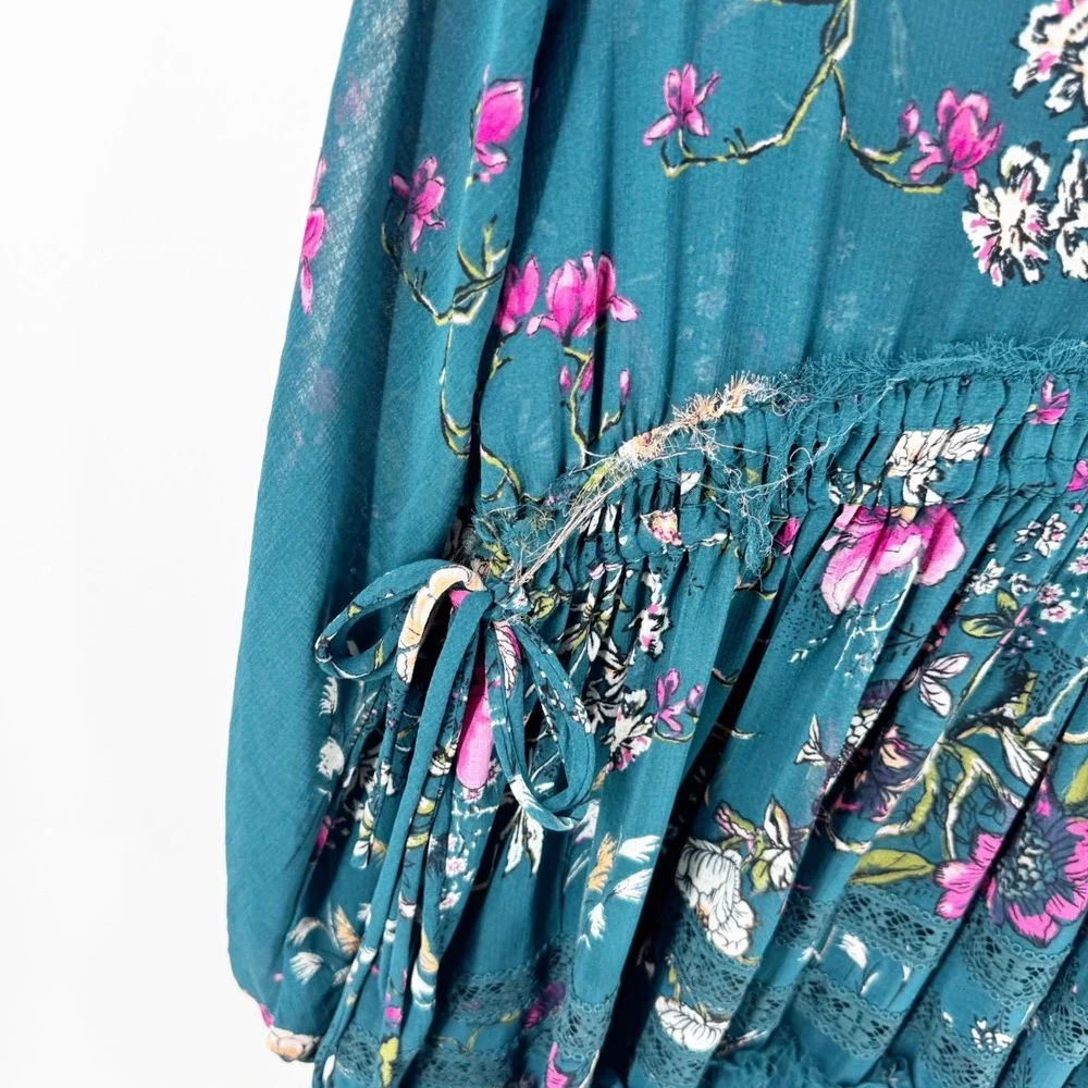 Free‎ People Teal Floral V-Neck Mini Dress OB1235281 Long Sleeve Boho XS - Picture 3 of 9